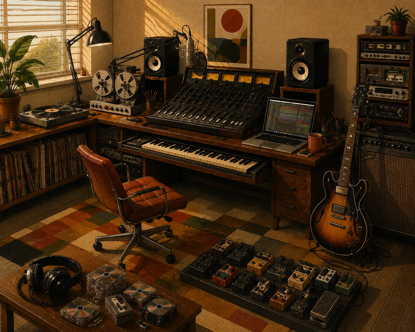 Un cuarto de home studio: tocadiscos y un estante de discos a la izquierda, un micrófono de condensador en su brazo, la consola de mezcla y los monitores al centro, la laptop, el rack de equipo, una guitarra recargada en el amplificador y una pedalera de once pedales en el suelo.